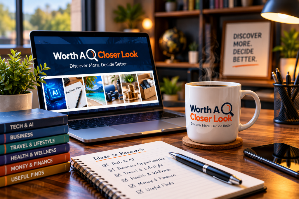 Closer Look Hero Worth A Closer Look research workspace with laptop, coffee mug, and product categories